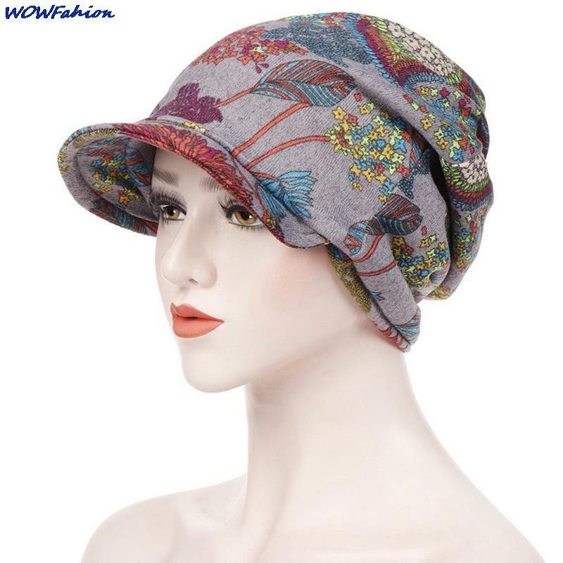 Bonnet en coton à imprimé Floral pour femme, décontracté, garde au chaud, à large bord, casquette d'hiver, Turban, visière