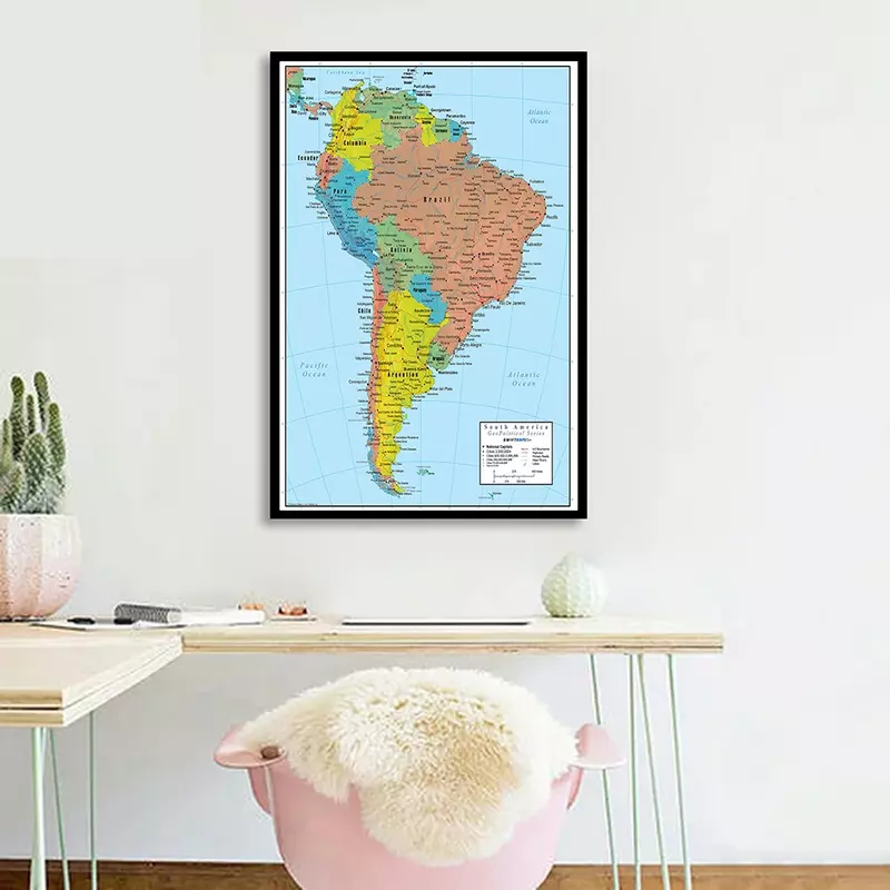 59*84ซม.แผนที่ South America สเปรย์ภาพวาดผ้าใบ Wall Art โปสเตอร์ห้องนั่งเล่นตกแต่งบ้านเด็กอุปกรณ์โรงเรียน