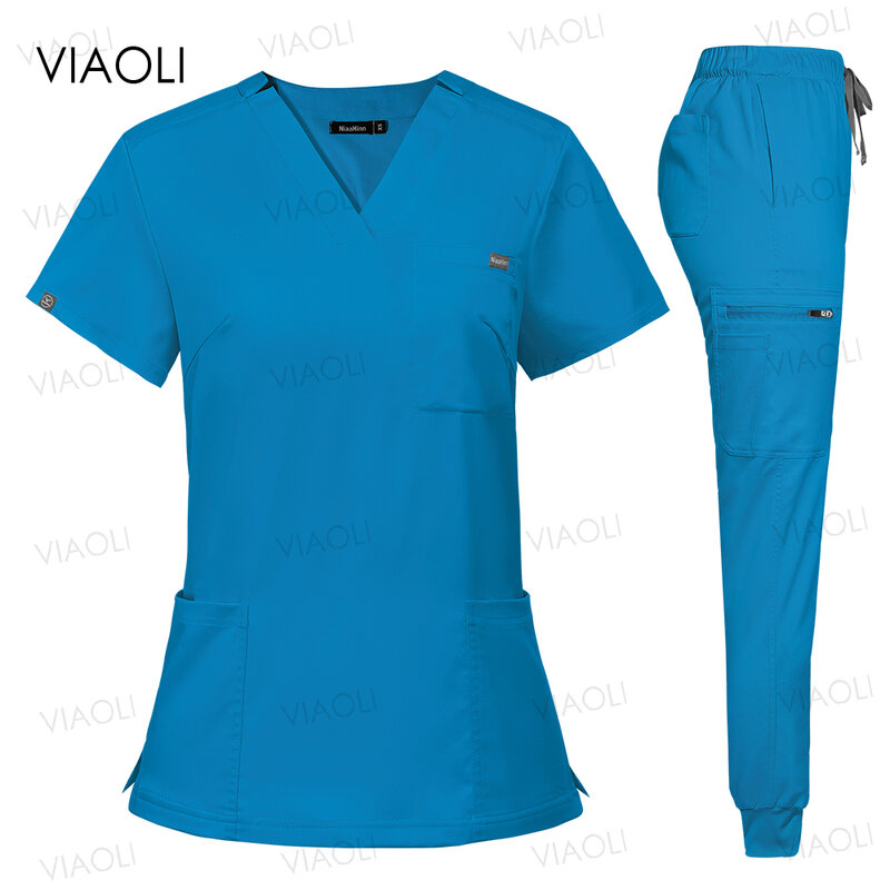 Short Sleeve Scrub Set Doctor Overcoats Dentist Set Medical Tops Pants Man or Women Nurse Uniforms Work Wear Lab Pharmacy Suits