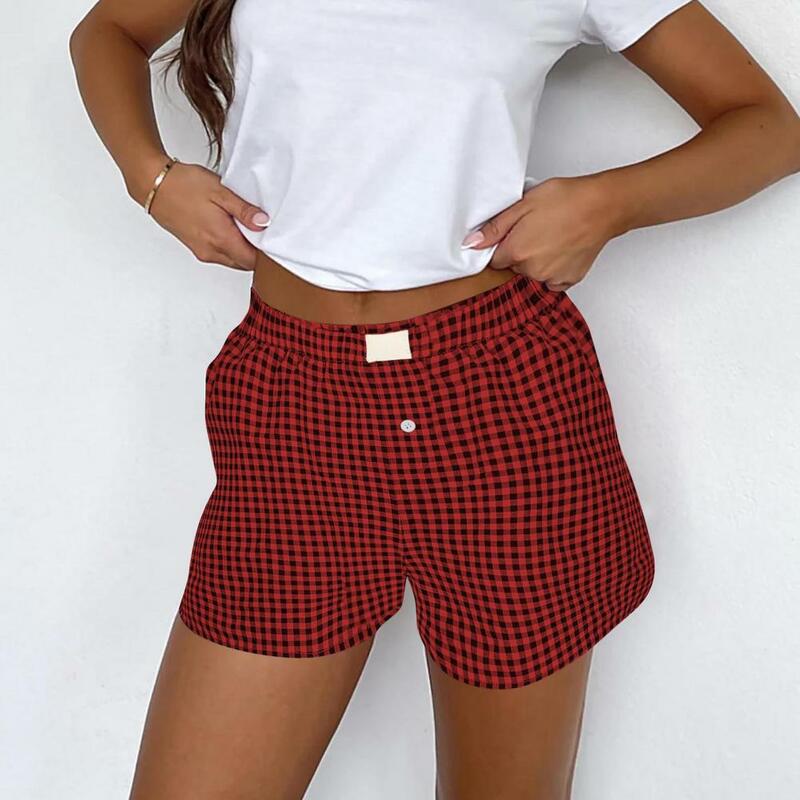 Celana pendek wanita musim panas bergaya Retro celana pendek wanita motif kotak-kotak dengan kantong samping pinggang tinggi elastis untuk pakaian liburan kasual