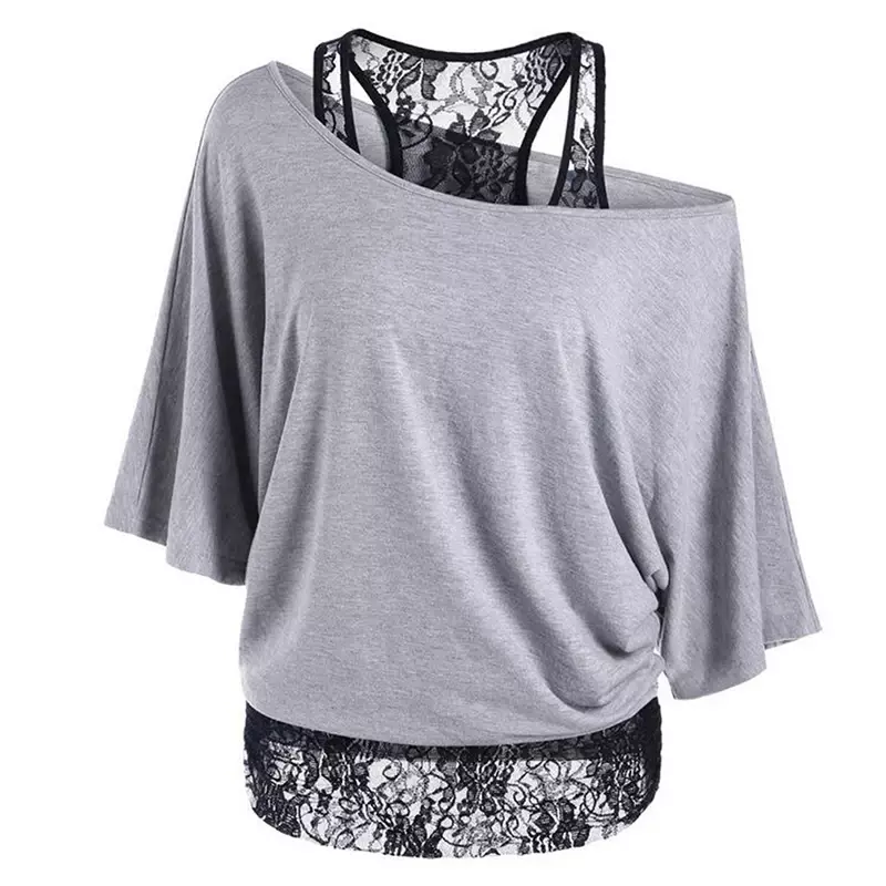 New Arrival Summer Women Loose Slash Neck Short Sleeve T-Shirts Plus Size 5XL Tees Lace Patchwork Sexy Basic Tops Streetwears