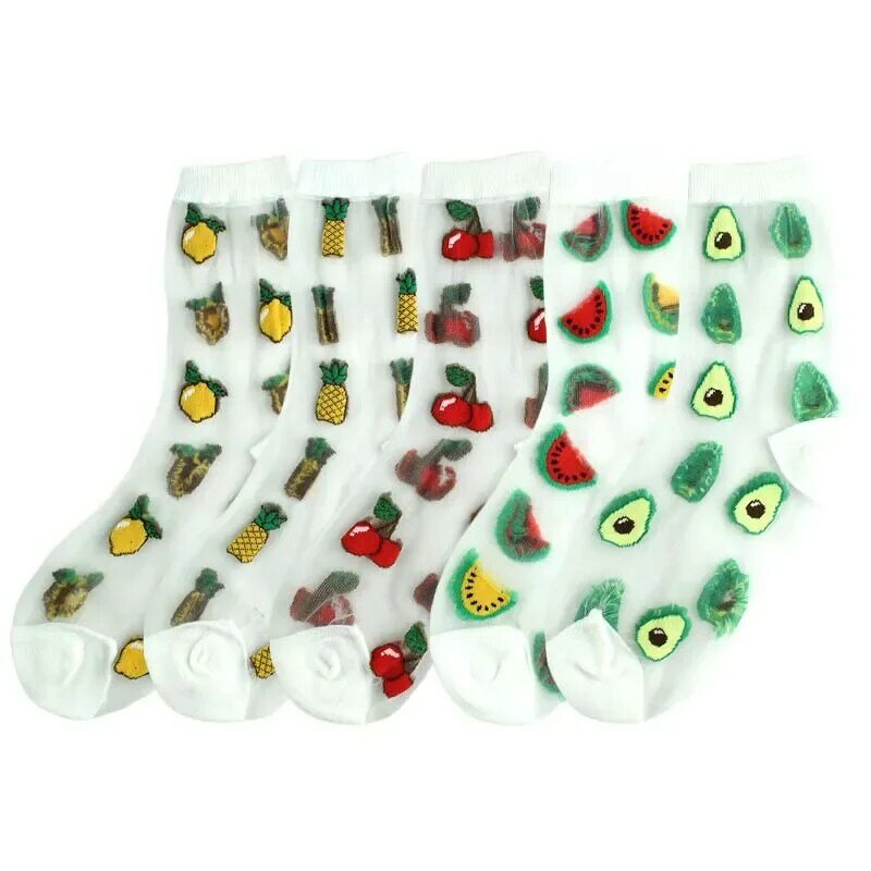 Korean Style Thin Transparent Summer Socks Women Fruit Avocado Watermelon Pineapple Creative Design Glass Skarpety Lace Sock