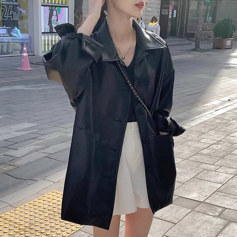Шикарное кожаное пальто SUSOLA в южнокорейском стиле, новая классическая свободная однобортная верхняя одежда с воротником-поло в стиле ретро, черная верхняя одежда с длинным рукавом