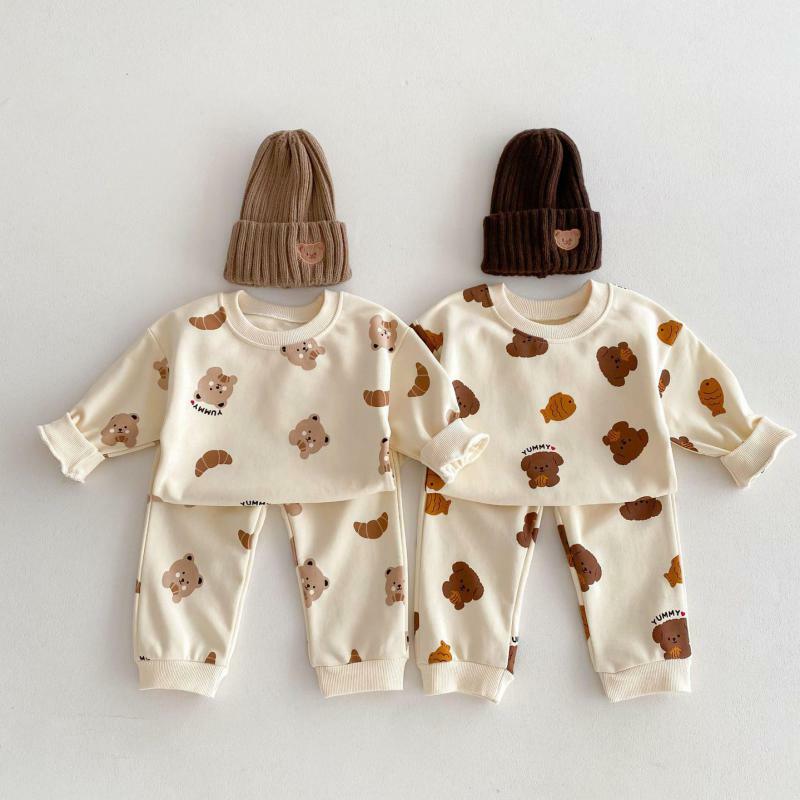 2024 Spring New Baby Long Sleeve Clothes Set Boy Girl Bear Print Sweatshirt + Pants 2pcs Suit Infant Toddler Casual Outfits