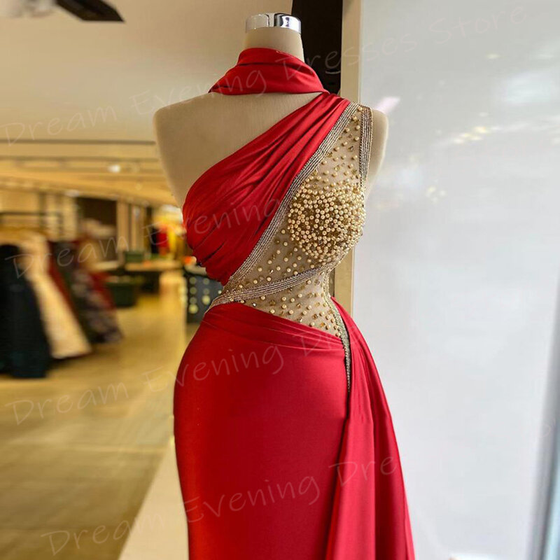 女性のワンショルダービードマーメイドイブニングドレス、パール付き美しいプロムガウン、シンプルな赤、2020