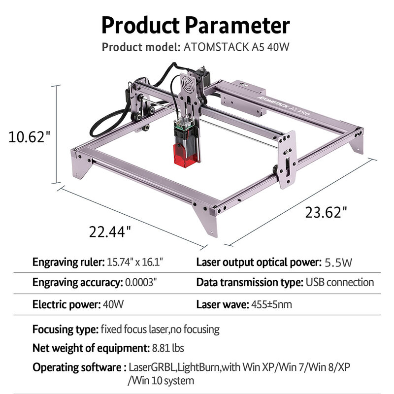 ATOMSTACK-A5 Pro Laser Engraving Cutting Machine, gravador de madeira e metal, 40W