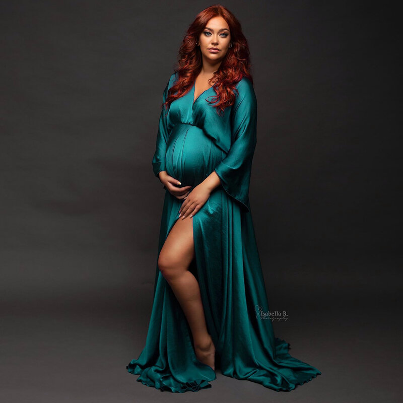 Vestido de fotografía de maternidad, elegante vestido de gasa de satén suave de manga larga, bohemio para sesión de fotos del embarazo