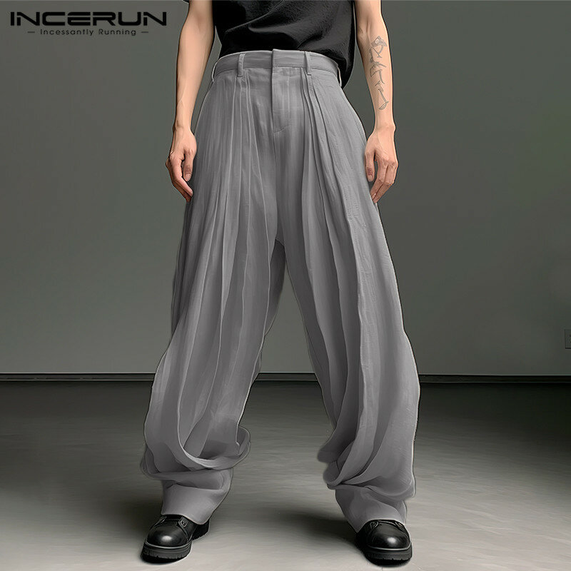 INCERUN 2024 новые мужские брюки в Корейском стиле, плиссированные однотонные длинные брюки, Повседневная Уличная одежда, мужские свободные универсальные брюки