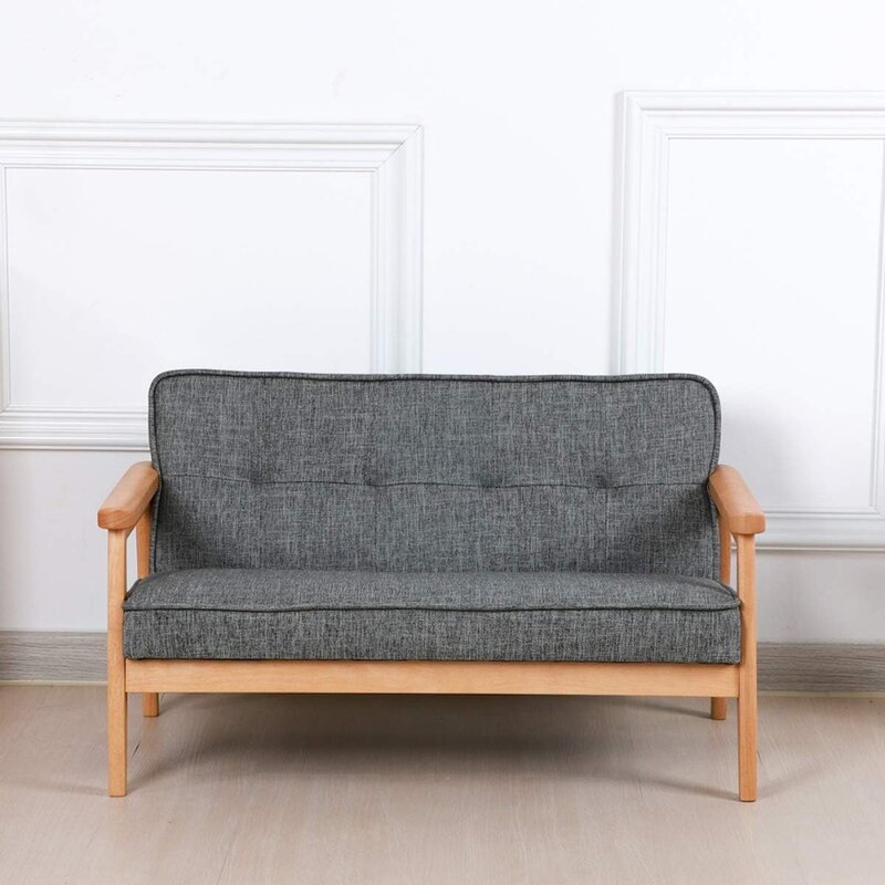 Sofá cadeira dupla para crianças, sofá infantil, braço de madeira maciça, padrão de linho, PVC, descanso, cinza escuro