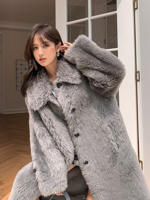 AYUNSUE 100% Wool Coat Women Winter 2022 High Street Sheep Shearing Jacket Women Clothing Long Fur Coats Manteau Femme Hiver SGG