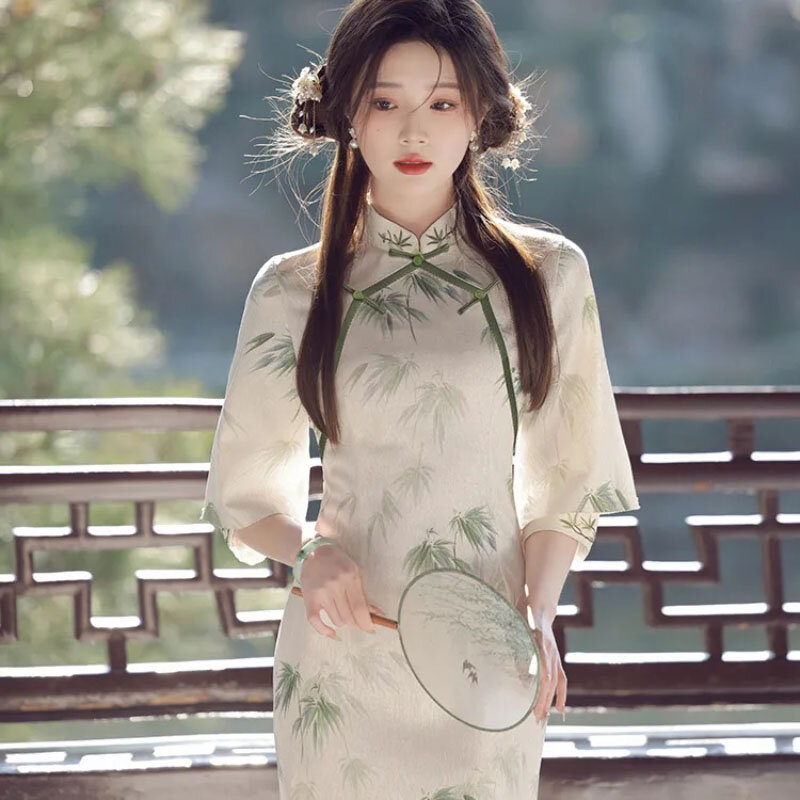 Chic Cheongsam Women's 2024 Summer New Chinese National Style Plain Elegant Slim Printing Long Banquet Cheongsam Dress