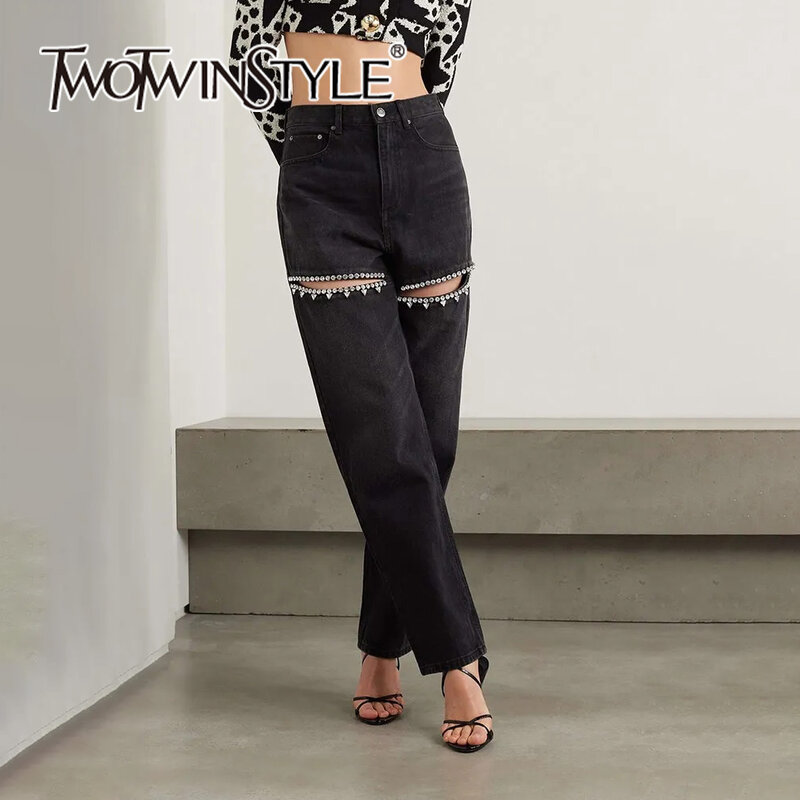 TWOTWINSTYLE Solid Patchwork Diamonds Denim Pants For Women High Waist Hollow Out Designer Wide Leg Jeans Female Fashion Fashion