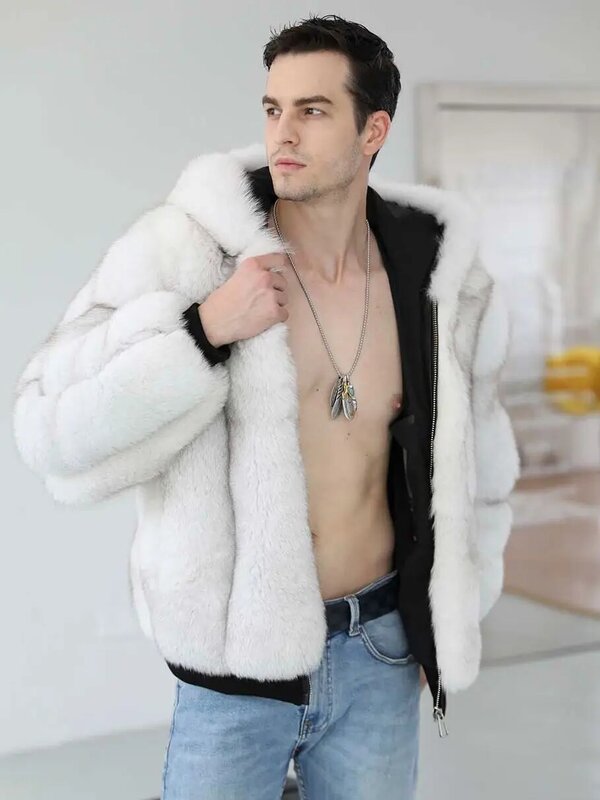 Janefur Fur Coat Man Short 2022 Luxury Warm Real Fox Fur Jacket with Hood Wholesale Custom Winter Bomber Jackets