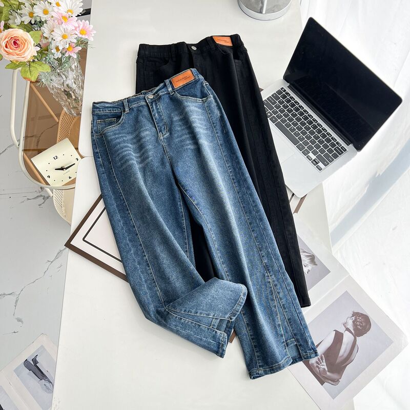 Calça jeans feminina reta pequena, justa de cintura alta, na altura do tornozelo, casual e fina, plus size, nova para primavera e verão, 2024