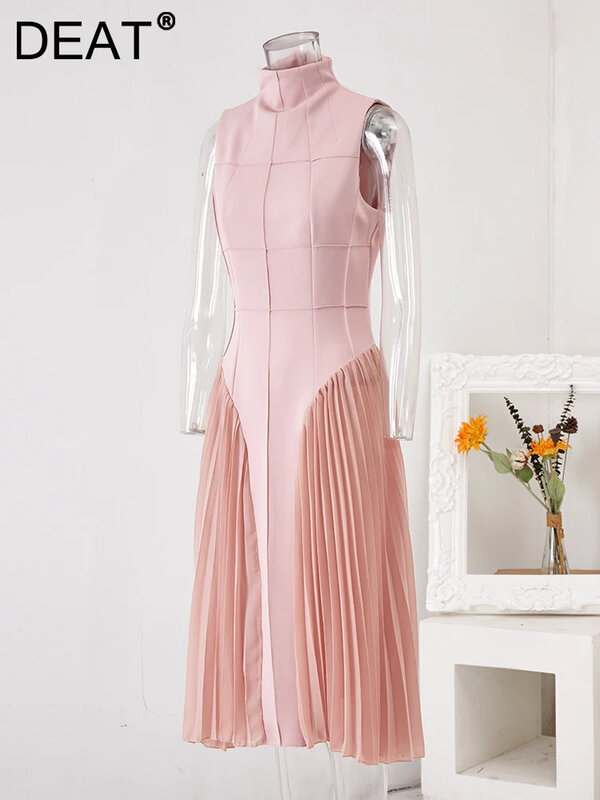 DEAT 우아한 원피스 O-넥 민소매 패치워크 플리츠 하이 웨이스트 여성용 이브닝 파티 드레스, 2024 용수철 새로운 패션, 16Y999