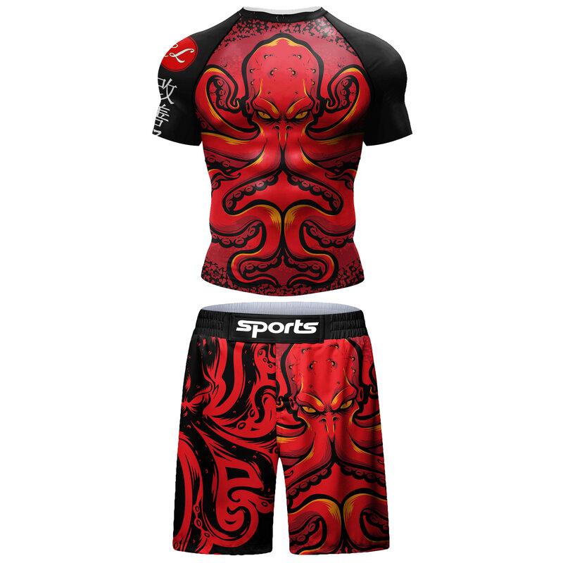 Men Red MMA Tracksuit Jiu jitsu gi T Shirts+Pants Grappling Shorts Men BJJ No Gi Rashguard Compression Boxing Blouse Sportswear