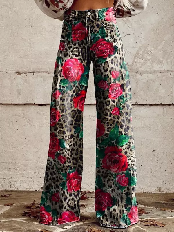 Jeans wanita motif bunga modis, CELANA Jin wanita kaki lebar pinggang tinggi, celana jeans imitasi tipis kaki lebar
