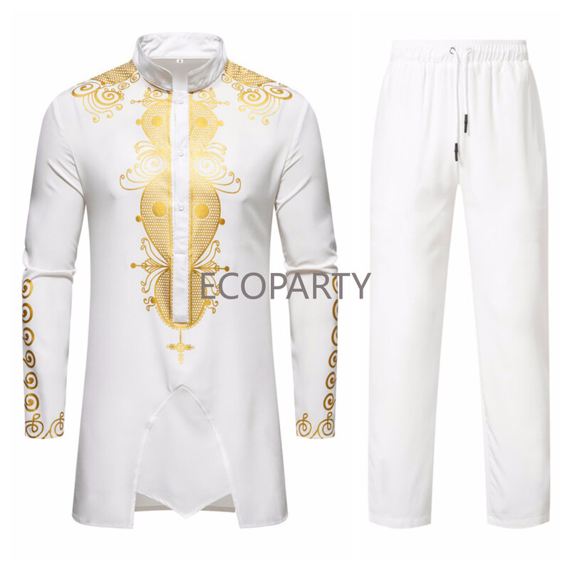 Conjunto de terno tradicional africano dashiki de 2 peças masculino, manga longa, estampa dourada, camisa e calça de botão, roupa, conjunto de robe
