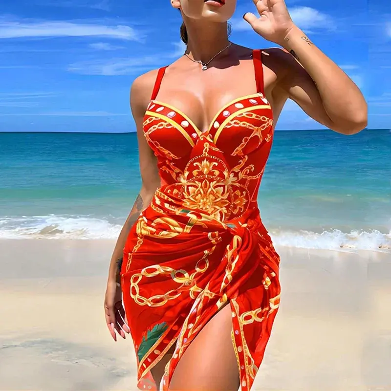 Conjunto de Bikini con estampado Floral para mujer, traje de baño de dos piezas con realce, estilo Bandage con tiras, brasileño, 수영복 키니 니