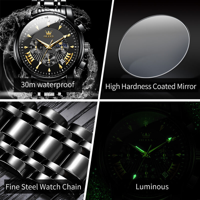 OLEVS-Relógio masculino de aço inoxidável, cronógrafo de fase lunar, quartzo, impermeável, luminoso, relógios casuais para homem, moda