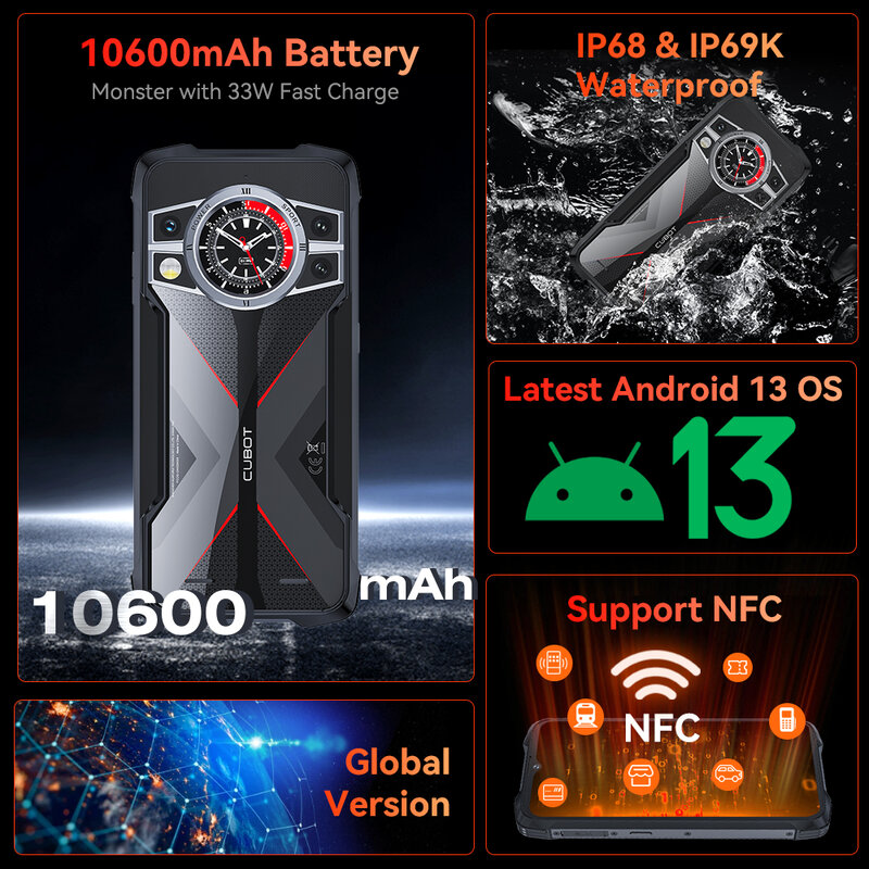Cubot Kingkong 9 robustes Smartphone 6.583 "Helio G99 3,5-Zoll-Bildschirm, 24GB RAM 6,583 GB ROM 256 MP Kamera NFC Dual-Sim-Telefon