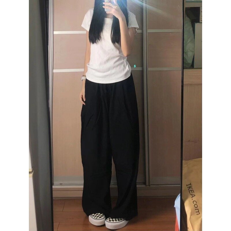 Deeptown-pantalones negros de gran tamaño para mujer, pantalón holgado de pierna ancha, estilo Harajuku, Vintage, informal, Jogging, coreano, Y2k, moda de verano