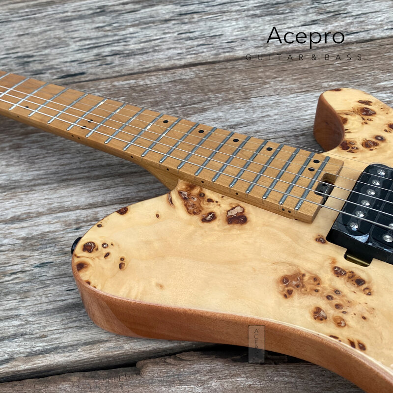 Acepro 천연 버 메이플 탑 헤드리스 일렉트릭 기타, 스테인레스 스틸 프렛, 로스트 메이플 넥, 블랙 하드웨어, 무료 배송