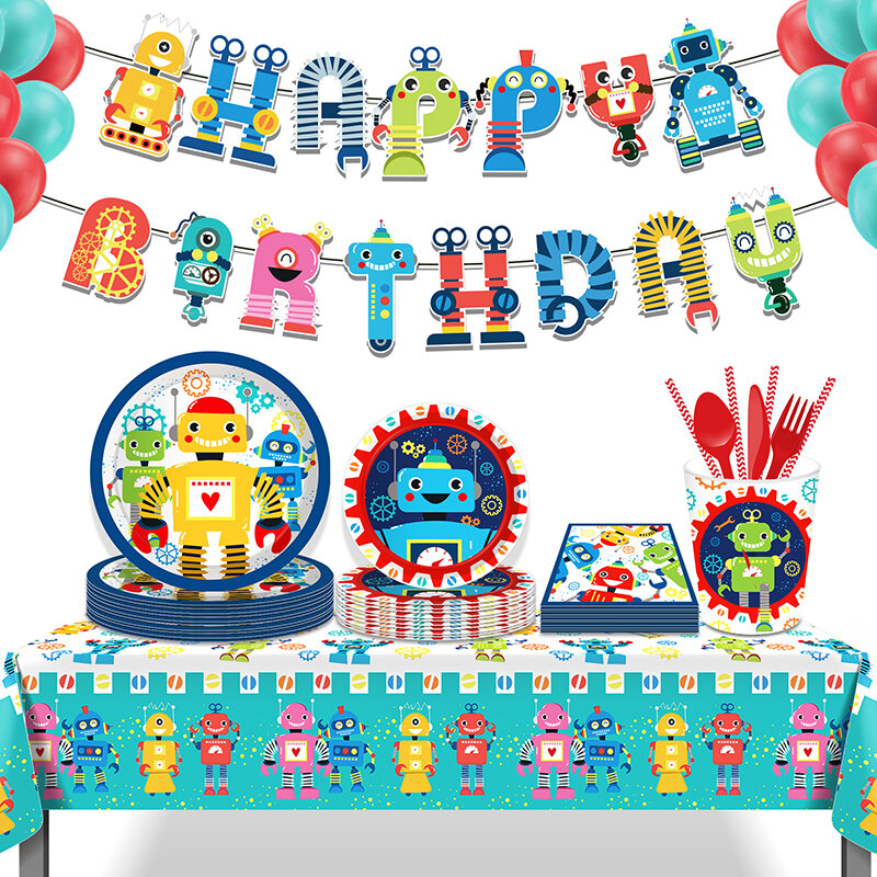 Decoraciones de cumpleaños con temática de Robot, vajilla desechable, platos de papel, vasos, servilletas, globo de aluminio de Robot, Decoración de cumpleaños para niños