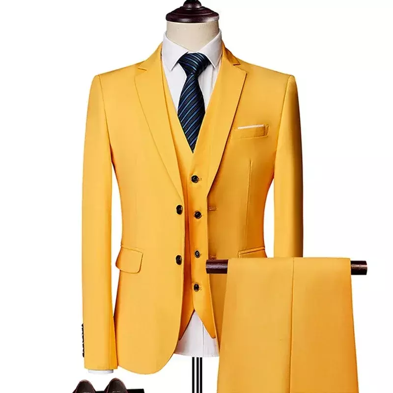 Деловой мужской костюм желтого цвета, приталенный Блейзер в стиле смарт-кэжуал, модный костюм из трех предметов, пиджак и брюки, жилет