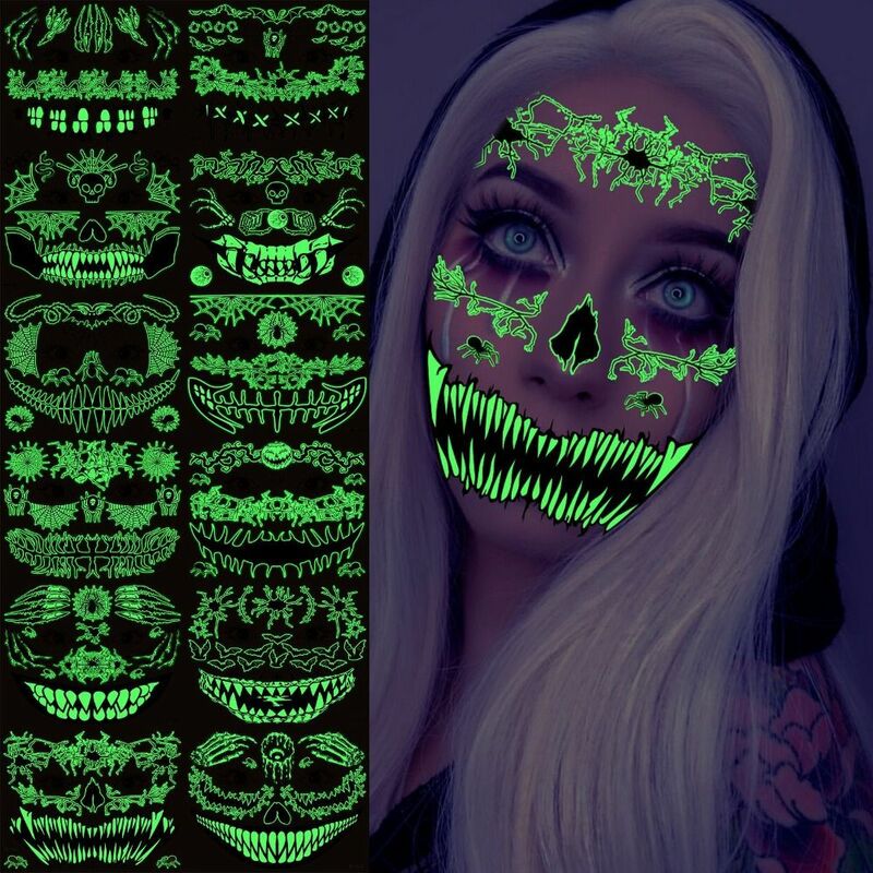 Luminous Halloween Tattoo Sticker, Transferência de água Adesivos, Scary Body Art, Decalques do partido, Brilho Boca, Brilho, Calçada, Brilho