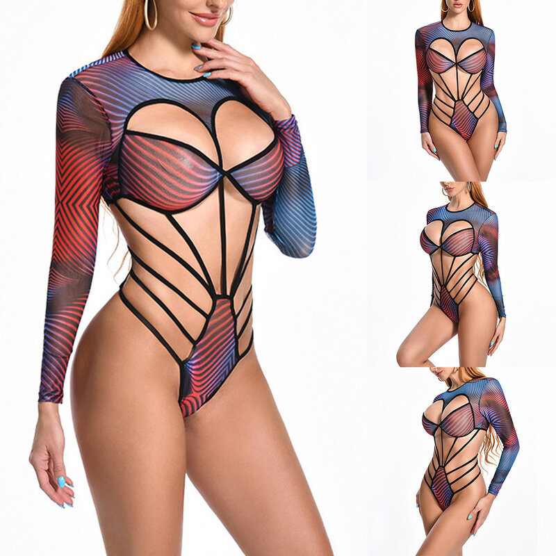Women Sexy Erotic Lingerie Tight Thin Glossy High Elastic Bodysuit Colorful Jumpsuit Long Sleeve Hollow-Out Leotard Underwear