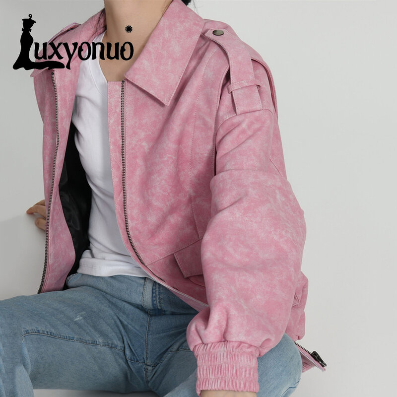 Luxyonuo-jaqueta de couro real feminina, casaco de pele de carneiro solto, jaqueta bomber feminina, sobretudo feminino, nova moda, primavera e outono, 2024