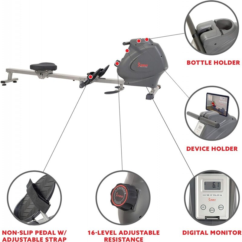 Sunny Health & Fitness máquina de remo magnética Premium multifunción, rizos de bíceps, filas hacia arriba, filas sentadas, deslizamiento plegable