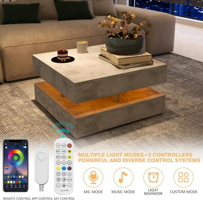Quadratischer LED-Couch tisch mit grauem Marmor muster-zeitgemäßer multifunktion aler Mittel tisch mit 16 Farblich tern und Fernbedienung, dua