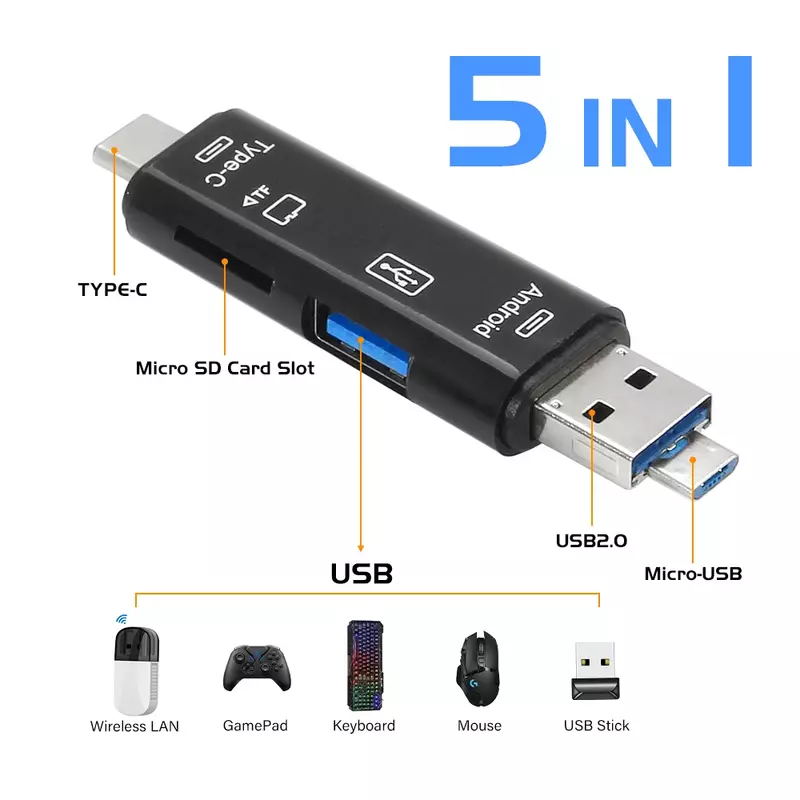 TYPE-C lecteur de carte multifonction 5 en 1 stockage externe noir commandé pour Memory Stick USB 3.0 Mini lecteur de carte mémoire