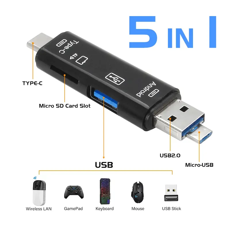 TYPE-C lecteur de carte multifonction 5 en 1 stockage externe noir commandé pour Memory Stick USB 3.0 Mini lecteur de carte mémoire