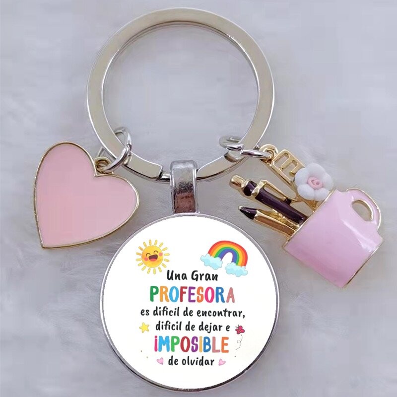 Gift for teachers with Spanish printed handmade glass convex circular keychain, DIY keychain