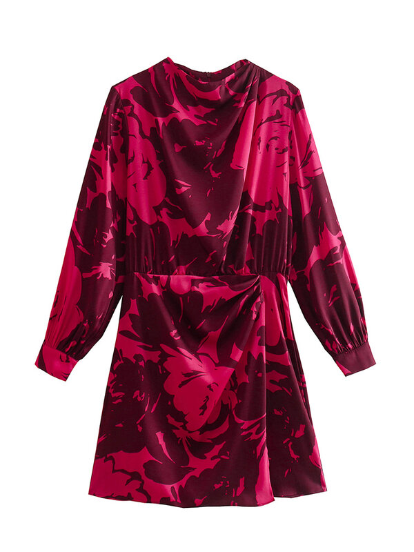 우아한 빈티지 프린트 라운드 넥 긴 소매 프론트 드레이프 미니 드레스 여성용, 신제품, 패션, 2023