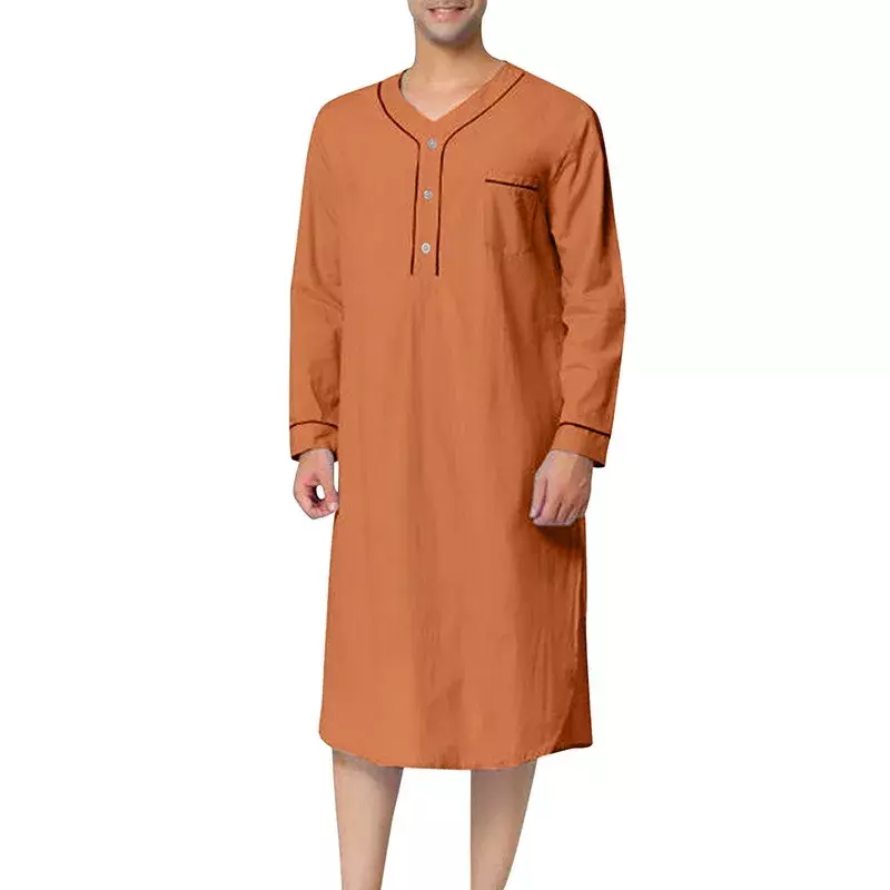 Cotton Homewear 2023 Men's Solid Casual Color Nightgown Pajamas Premium Sleeve Autumn Pajamas V-neck Loose Long