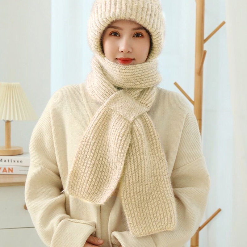 Thickened Hooded Ear Protection Outdoor Ski Beanie Cap Woolen Knitted Hat and Scarf all in one Women Winter Warm Plush Hat Scarf