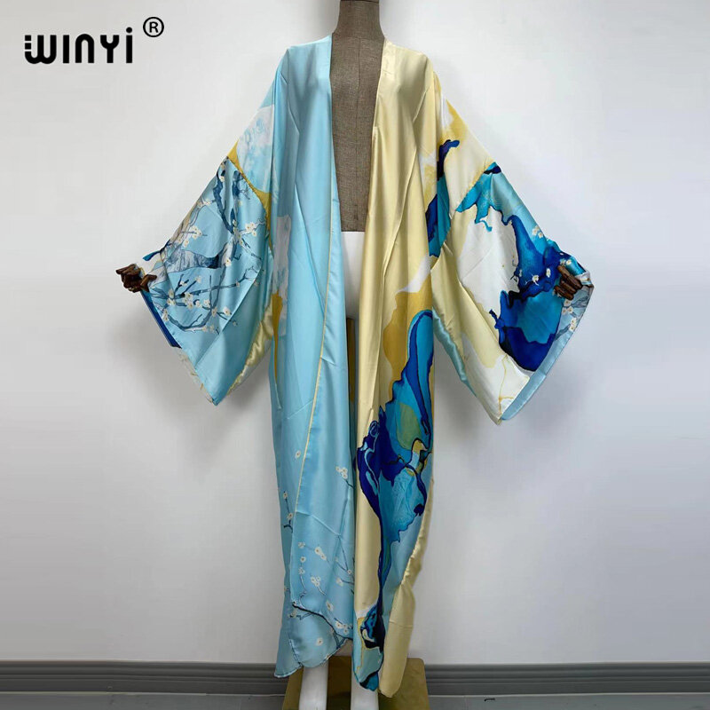 Kimonos Verano Frauen Sukienka Print Langarm Cardigan weibliche Bluse lose lässige Strand vertuschen Boho Kleid Party Kaftan