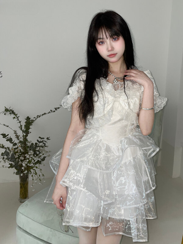 Sumemr süße Lolita flauschige Kleid Frauen Kawaii japanische Spitze Bogen Rüschen Prinzessin Party Super Mini Kleider Mädchen Mesh Vestidos