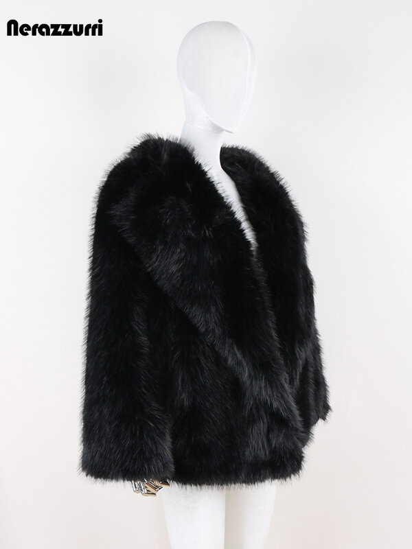 Nerazzurri 여성용 긴 소매 루즈핏 캐주얼 푹신한 재킷, 블랙 두껍고 따뜻한 털, 푹신한 부드러운 인조 여우 모피 코트, 가을 겨울 2024