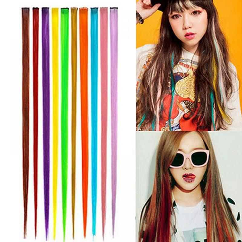 Clipe sintético reto longo em extensões de cabelo para mulheres, multicolorido, postiços arco-íris, peça de destaque colorida, 55cm