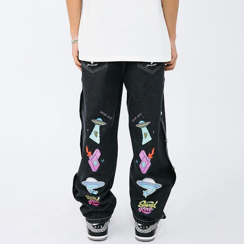 Męskie czarne spodnie dżinsowe modne spodnie Oversize kreskówka Graffiti luźne spodnie z szerokimi nogawkami dżinsy Cargo Streetwear Hip Hop Punk