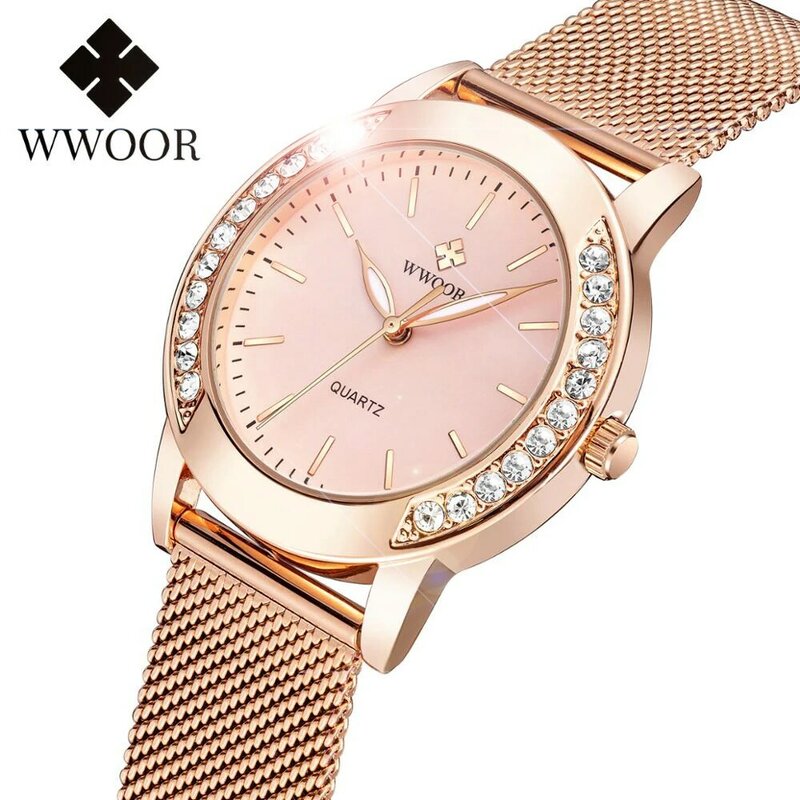 WWOOR jam tangan 2023 wanita, arloji berlian mewah merek terkenal Quartz mawar emas gelang jala untuk wanita