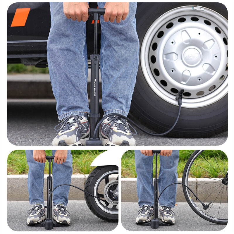 WEST BIKING 230PSI pompa per bicicletta ad alta pressione con manometro pieghevole MTB pompa per bici da strada in lega di alluminio gonfiatore per pneumatici per bici