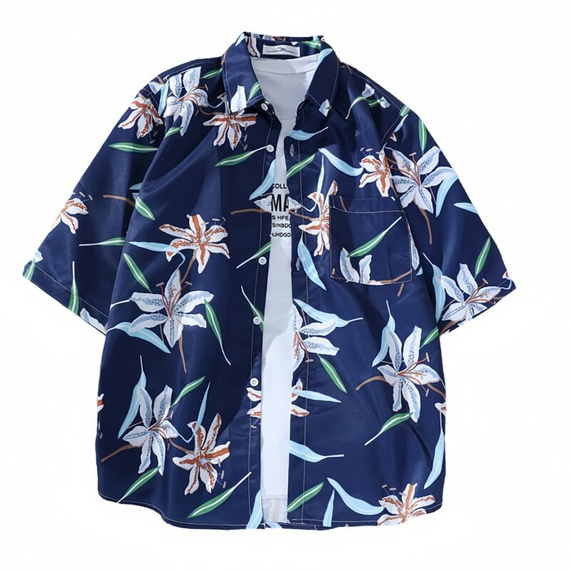 Kemeja motif bunga lengan pendek Lapel pria, kemeja bercetak liburan pantai Hawaii Retro tampan longgar kasual serbaguna modis musim panas