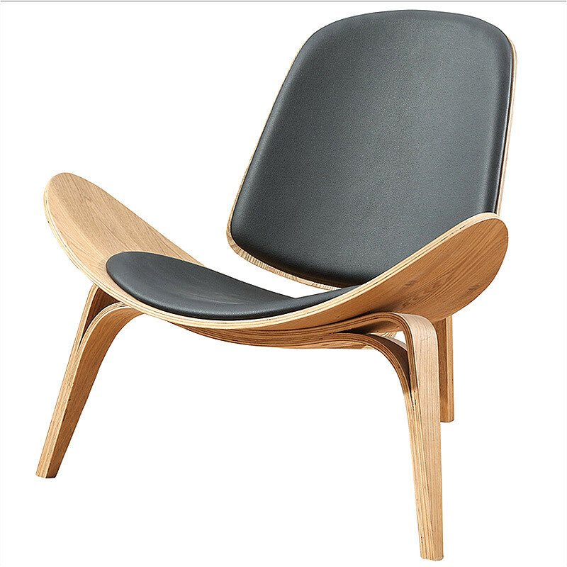High Quality Solid Wood Three-Legged Chair Ash Plywood Black Faux Leather Living Room Furniture Modern Leisure Chairs