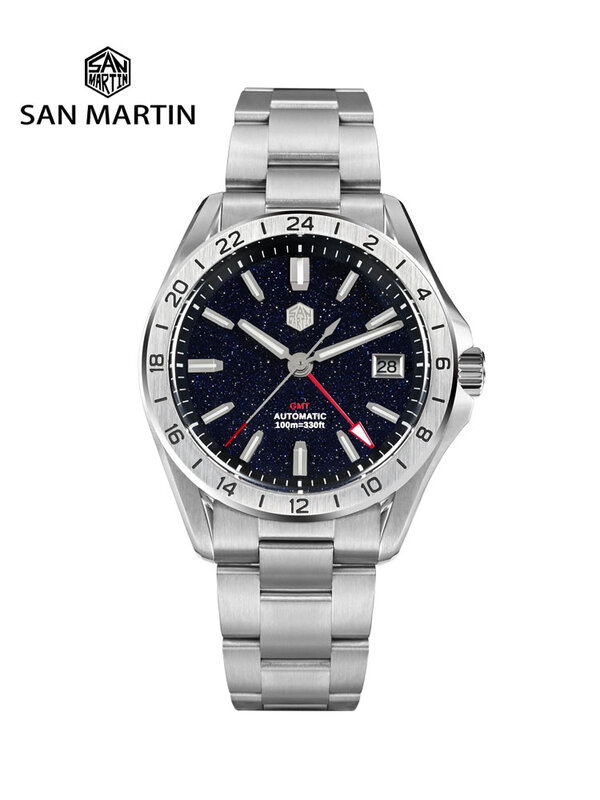 San Martin-Men's Aventurine Gemstone Dial Watch, NH34, GMT, automático, mecânico, safira, impermeável, luminoso, luxo, 39mm, SN0129